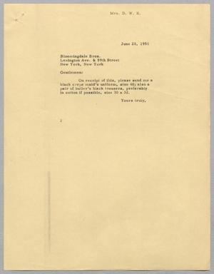 [Letter from Jeane Bertig Kempner to Bloomingdale Bros., June 28, 1951]