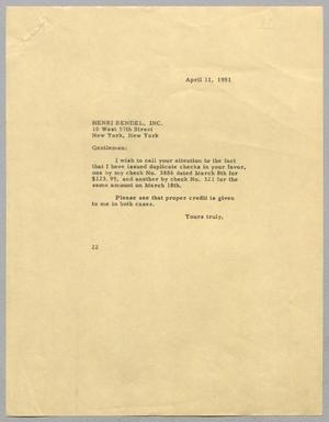 [Letter from Daniel W. Kempner to Henri Bendel Incorporated, April 11, 1951]