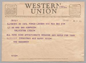[Telegram from A. C. Bossom to Daniel W. Kempner and Jeane Kempner, December 22, 1951]