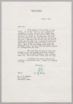 [Letter from Joe R. Bertig to D. W. Kempner, June 8th, 1951]