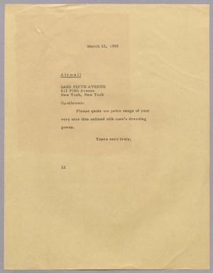 [Letter from D. W. Kempner to Saks Fifth Avenue, March 22, 1955]