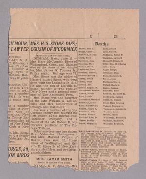 [Clipping: Mrs. H. S. Stone Dies; Cousin of M'Cormick]