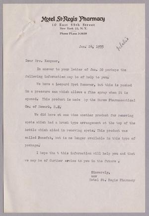 [Letter from Hotel St. Regis Pharmacy to Jeane Kempner, January 24, 1955]