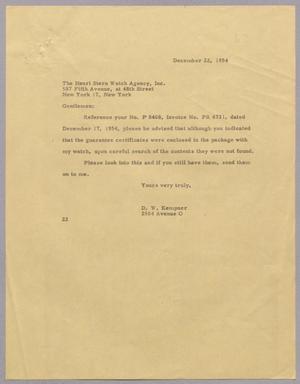 [Letter from D. W. Kempner to The Henri Stern Watch Agency, Inc., December 22, 1954]