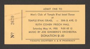 [Ticket for the Men's Club of Temple B'nai Israel Dance, 1955 #2]