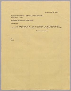 [Letter from A. H. Blackshear Jr. to University of Texas Medical Branch Hospitals, September 28, 1955]