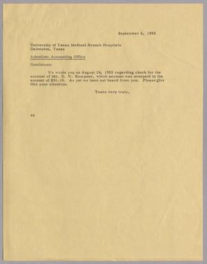 [Letter from A. H. Blackshear Jr. to University of Texas Medical Branch, September 6, 1955]