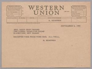 [Telegram from H. Kempner to Mary Jean Thorne, September 6, 1955]