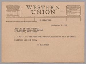 Primary view of object titled '[Telegram from H. Kempner to Mary Jean Thorne, September 1, 1955]'.