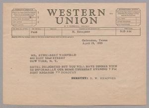 [Telegram from D. W. Kempner to Ethelbert Warfield, April 19, 1955]
