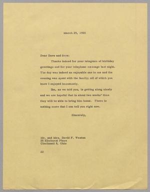 [Letter from Daniel W. Kempner to David F. and Sara Elizabeth Weston, March 29, 1955]