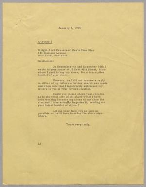 [Letter from Daniel W. Kempner to the Wright Arch Preserver Men's Shoe Shop, January 5, 1955]