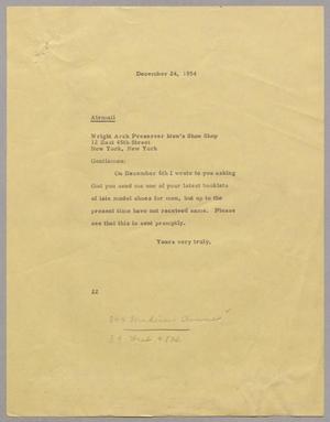 [Letter from Daniel W. Kempner to the Wright Arch Preserver Men's Shoe Shop, December 24, 1954]