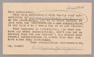 [Postal Card from Wayne Yeager to Mr. D. W. Kempner, December 20, 1955]