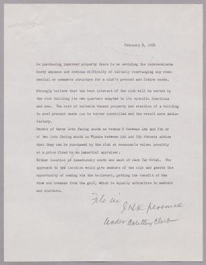 [Memorandum on Property Purchases for the Artillery Club, February 8, 1956]