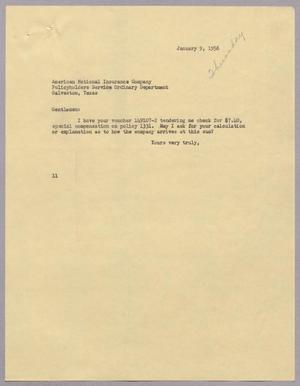 [Letter from I. H. Kempner to American National Insurance Company, January 9, 1956]
