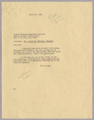 Primary view of object titled '[Letter from Daniel W. Kempner to B & J Spring & Equipment Company, April 23, 1956]'.