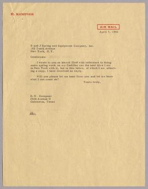 [Letter from Daniel W. Kempner to B & J Spring & Equipment Company, April 7, 1956]