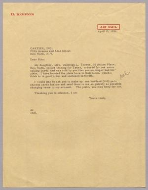 [Letter from Daniel W. Kempner to Cartier, Inc., April 2, 1956]