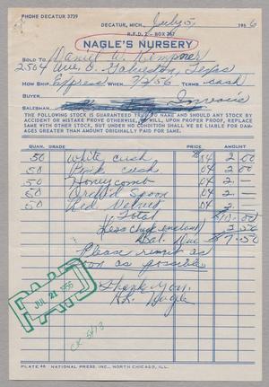 Primary view of object titled '[Invoice for Stock Purchased From Nagle's Nursery, July 1956]'.