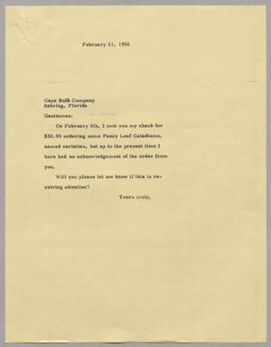 Primary view of object titled '[Letter from Daniel W. Kempner to Cape Bulb Company, February 21, 1956]'.