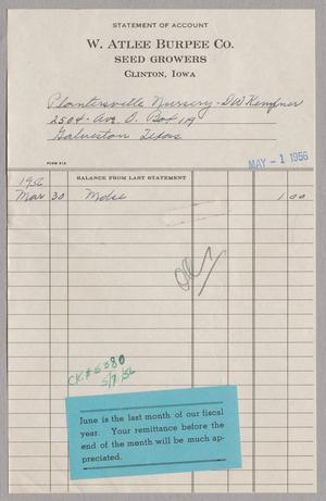Primary view of object titled '[Invoice for Balance Due to W. Atlee Burpee Co., May 1956]'.