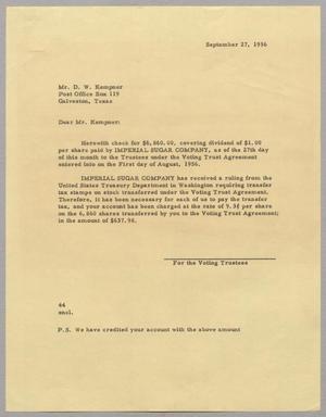 [Letter from A. H. Blackshear, Jr. to Mr. D. W. Kempner, September 27, 1956]