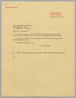 [Letter from Daniel W. Kempner to Dr. Alex Lifschütz, February 27, 1956]