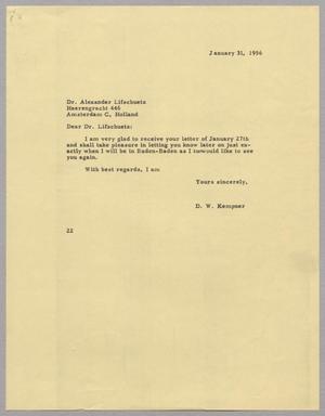 Primary view of object titled '[Letter from Daniel W. Kempner to Dr. Alex Lifschütz, January 31, 1956]'.