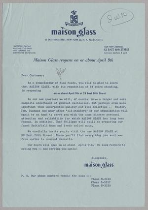 [Letter from Maison Glass to Daniel W. Kempner, 1956]