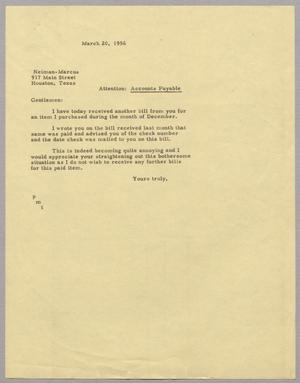 Primary view of object titled '[Letter from Jeane Bertig Kempner to Neiman-Marcus, March 20, 1956]'.
