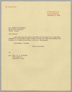 [Letter from Harris Leon Kempner to Robert Du Pasquier, November 7, 1956]