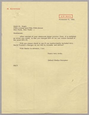 [Letter from Gladys Kempner to the St. Regis Hotel, November 8, 1956]