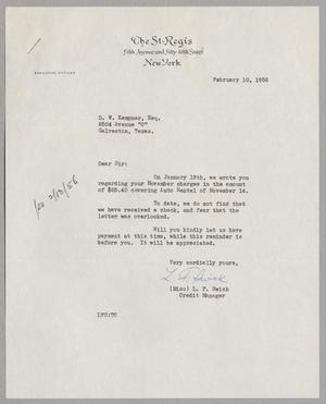[Letter from the St. Regis Hotel to Daniel W. Kempner, February 10, 1956]