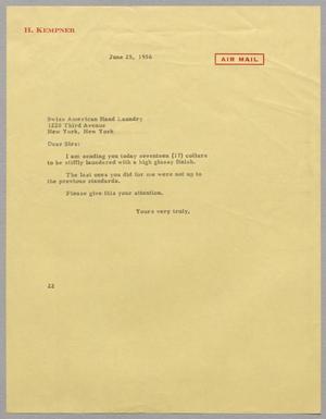 [Letter from D. W. Kempner to Swiss American Hand Laundry, June 25, 1956]