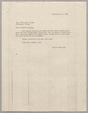 [Letter from D. W. Kempner to Neveille Colson, November 13, 1951]