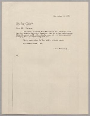 [Letter from D. W. Kempner to Henry Walters, November 13, 1951]