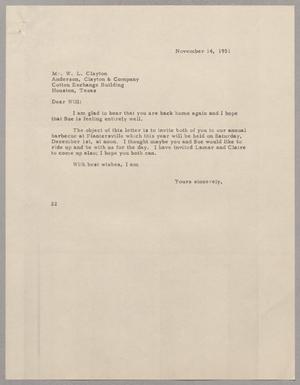 [Letter from D. W. Kempner to W. L. Clayton, November 14, 1951]