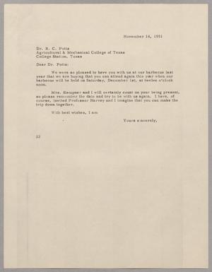 [Letter from D. W. Kempner to R. C. Potts, November 14, 1951]