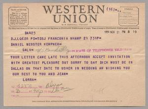 Primary view of object titled '[Telegram from Lorra to Daniel W. Kempner, November 21, 1951]'.