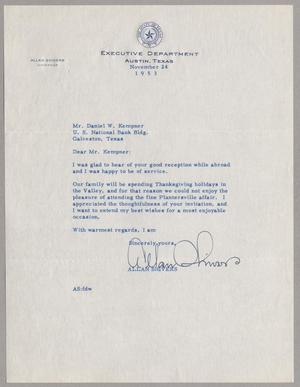 [Letter from Allan Shivers to D. W. Kempner, November 24, 1953]