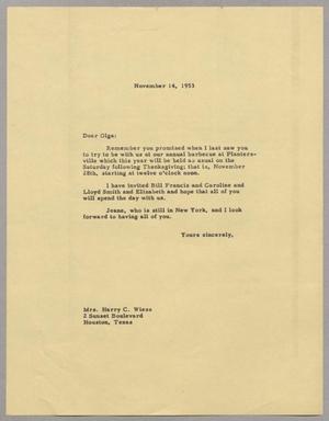 [Letter from Daniel W. Kempner to Mrs. Harry C. Wiess, November 14, 1953]