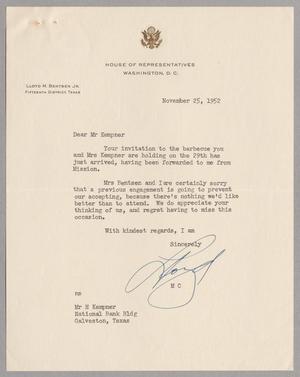 [Letter from Lloyd M. Bentsen to Harris L. Kempner, November 25, 1952]