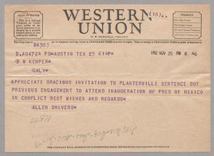 Primary view of object titled '[Telegram from Allen Shivers to D. W. Kempner, November 25, 1952]'.