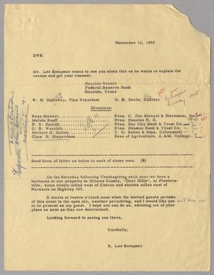 [Letter from Robert Lee Kempner to Daniel W. Kempner, November 12, 1952]