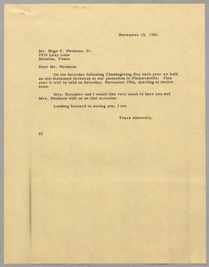 Primary view of object titled '[Letter from Daniel W. Kempner to Hugo V. Neuhaus, Jr., November 19, 1952]'.