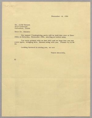 [Letter from D. W. Kempner to Arlid Hansen, November 14, 1952]