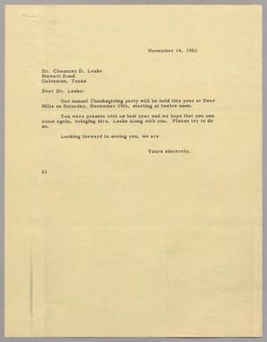 [Letter from Daniel W. Kempner to Chauncey D. Leake, November 14, 1952]