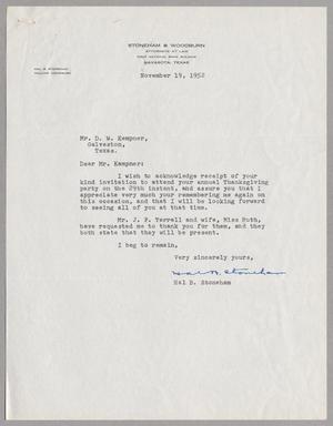 [Letter from Hal B. Stoneham to D. W. Kempner, November 19, 1952]