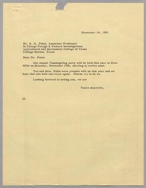 [Letter from D. W. Kempner to R. C. Potts, November 14, 1952]